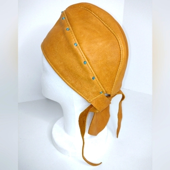 Handcrafted Accessories - Brown Leather Biker Motorcycle Leather Bandanna Hat Skull Cap w/ Turquoise Studs